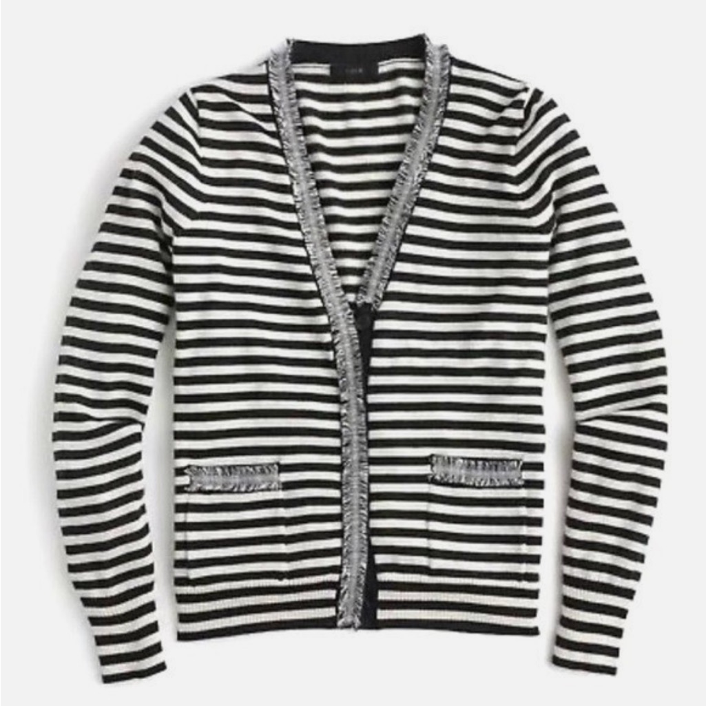 J. Crew Harlow Wool Cardigan Sweater Womens Size Xxs Striped Fringe Vneck Stripe